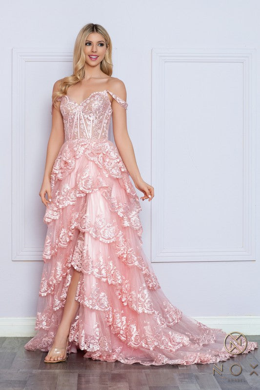 Preview only -  2026 Blush Off Shoulder Lace Tiered Gown🤍