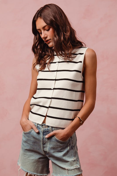 BUTTON DETAIL STRIPED SLEEVELESS TOP