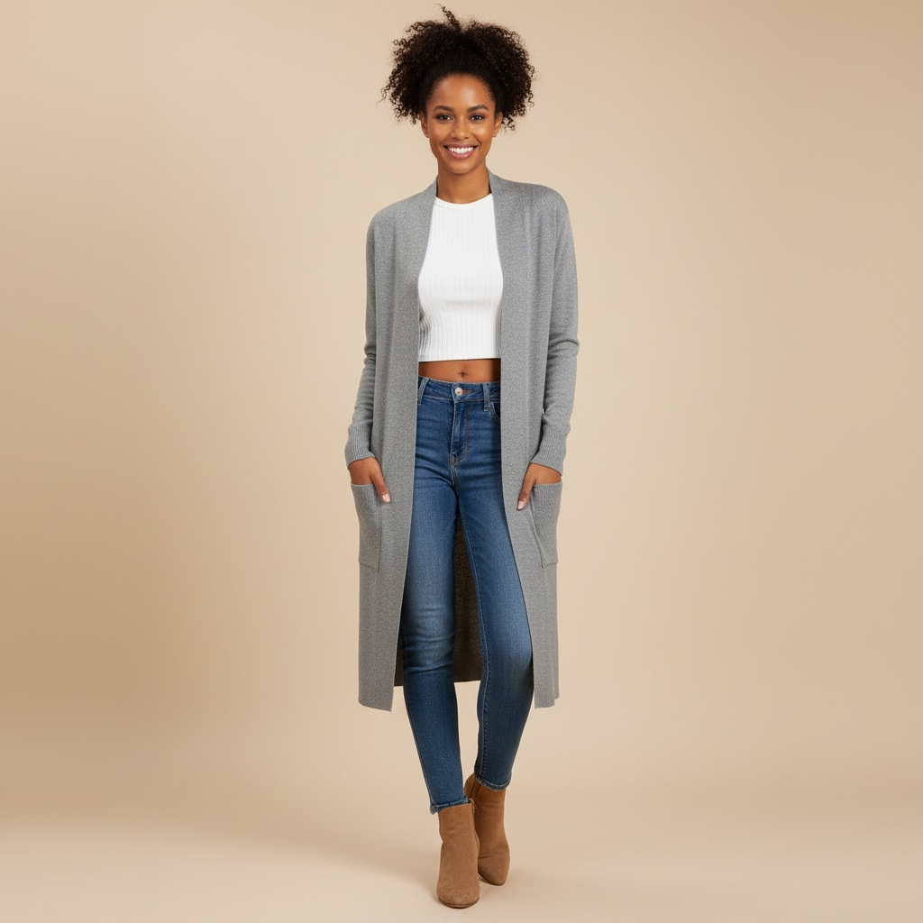 Grey Long Sleeve Deep Pocket Cardigan