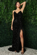 Preview only -  2026 BLACK FEATHER ACCENT VELVET SEQUIN GOWN🤍