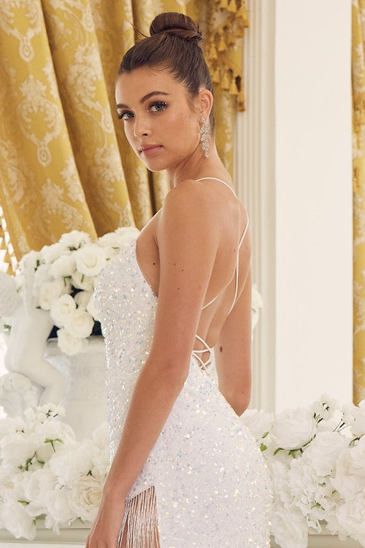 2026 - White Sequin Gown w/Fringed Slit🤍
