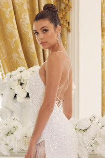 2026 - White Sequin Gown w/Fringed Slit🤍