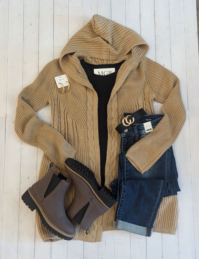 Beige Hooded Long Cardigan