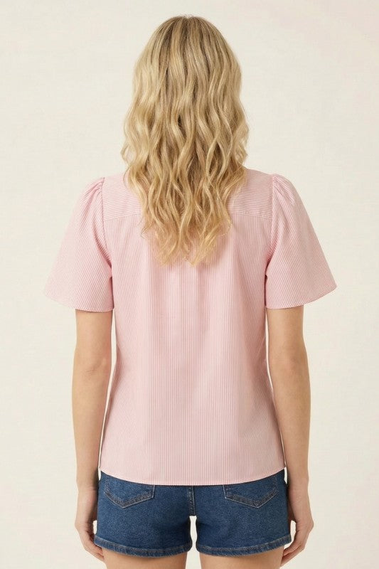 Smocked V Neck Pinstriped Top