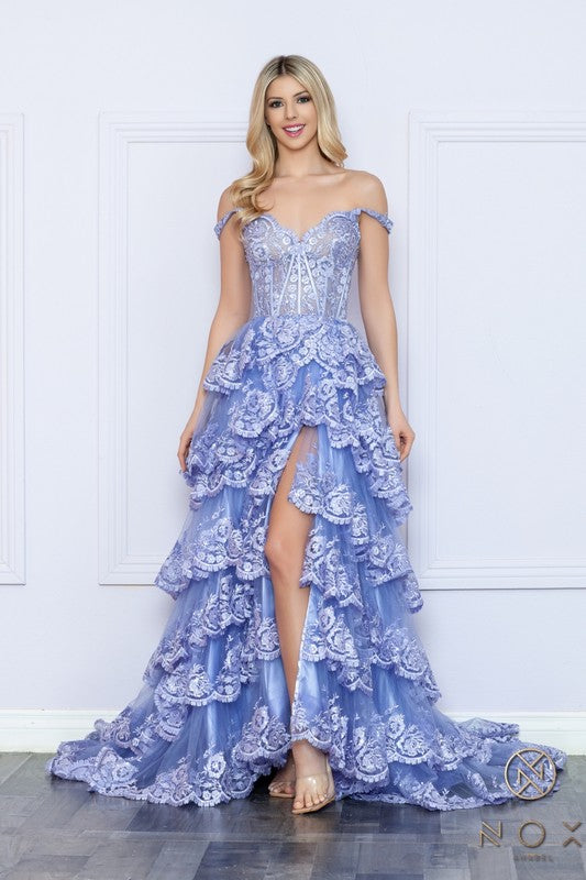 Preview only -  2026 Periwinkle Off Shoulder Tiered Gown🤍