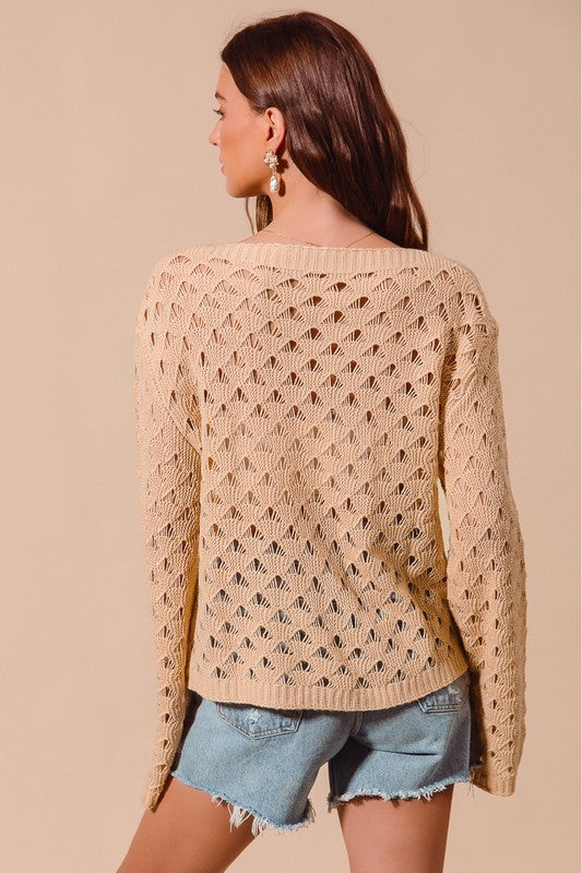 GEOMETRIC PATTERN OPEN KNIT LIGHTWEIGHT SWEATER