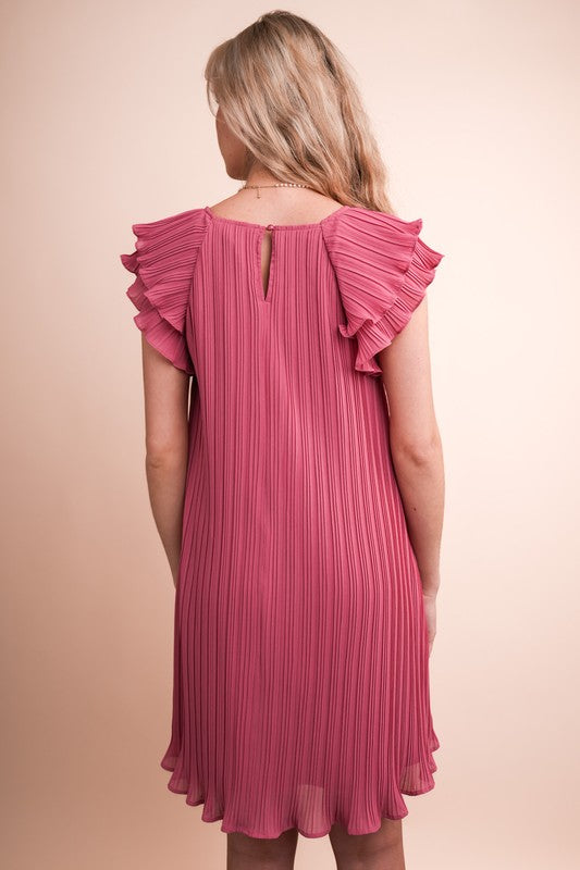 Mauve Ruffle Sleeve Pleated Mini Dress
