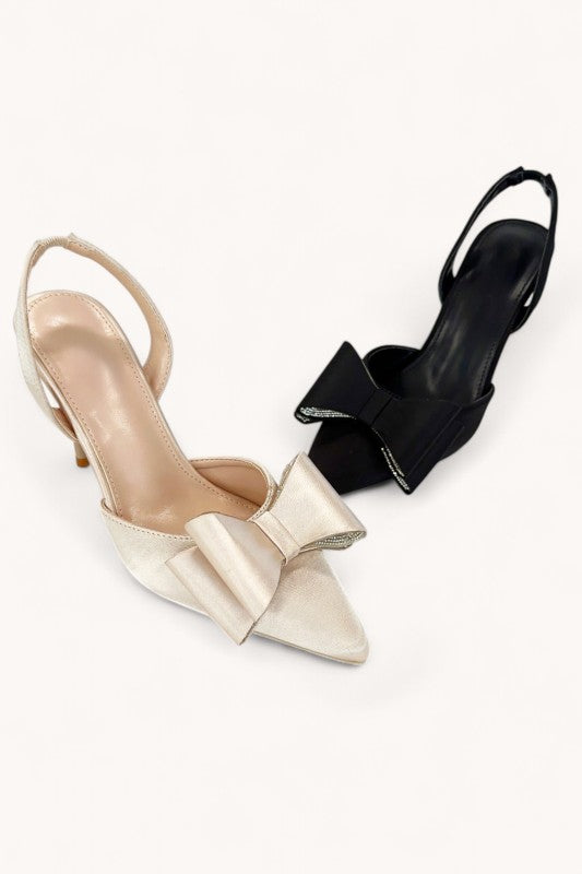 Nude Satin Rhinestone Accent Bow Heel-Market Grey Boutique