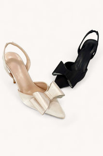 Nude Satin Rhinestone Accent Bow Heel