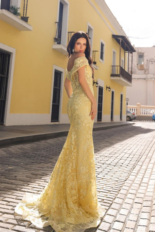 Preview only -  2026 Lemon Off Shoulder Lace Overlay Gown🤍