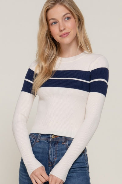 Juniors-Cream/Navy Long Sleeve Ribbed Sweater
