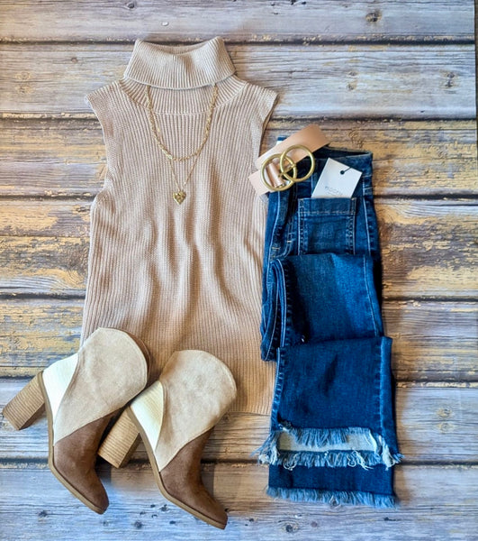 Solid Color Turtleneck Knit Tank Top