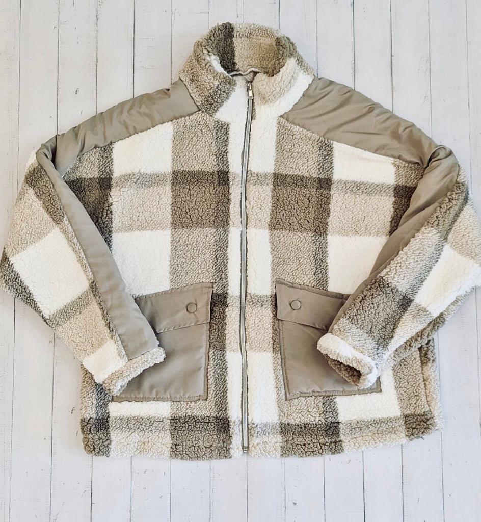 Beige Plaid Fleece Lightweight Zip Up Jacket