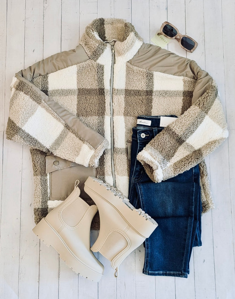 Beige Plaid Fleece Lightweight Zip Up Jacket