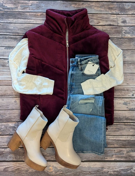 Burgundy Sherpa Lined Corduroy Vest