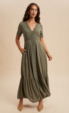 Olive Button Front Autumn Dress-Market Grey Boutique