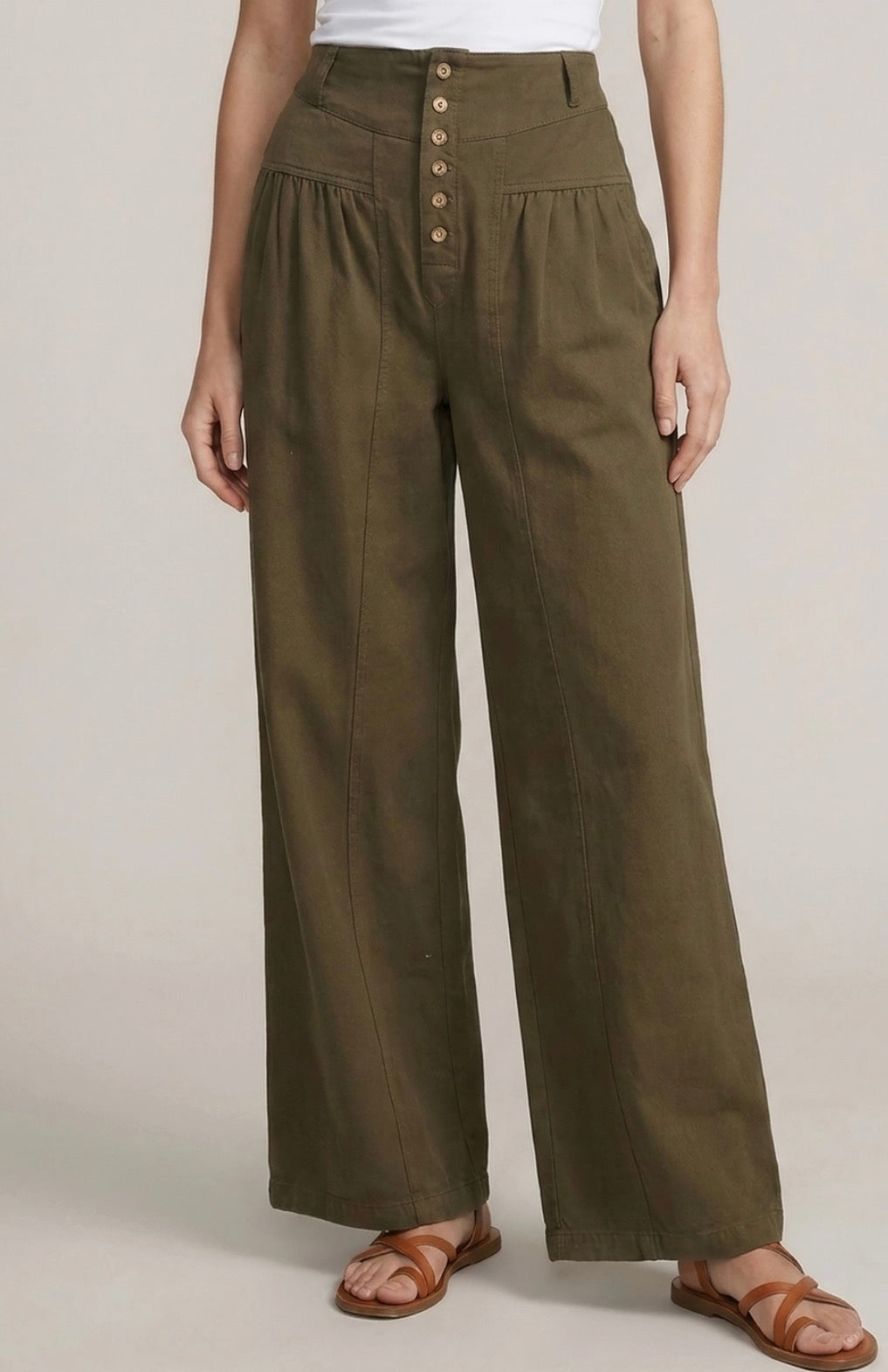 Olive Cotton Twill Wide Leg Pants