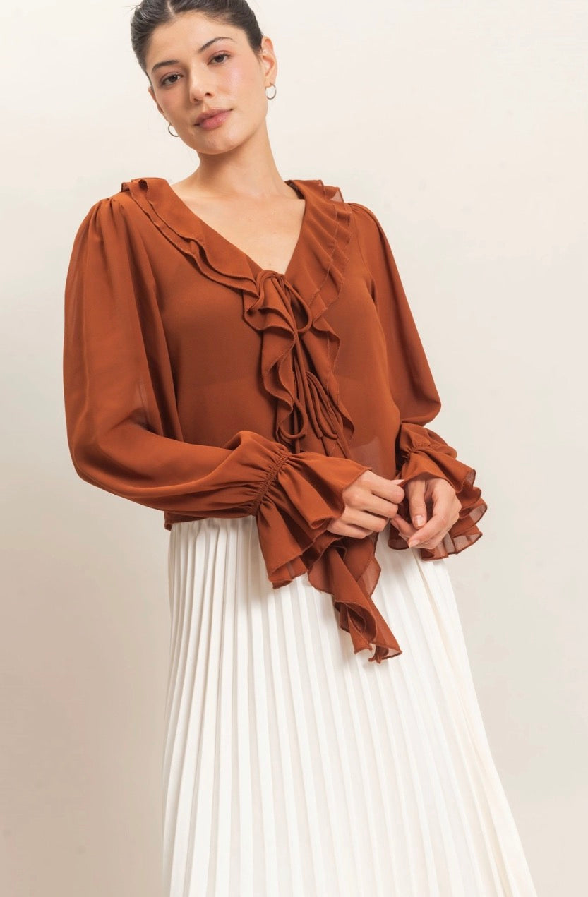 Camel Ruffle V Neck Sheer Blouse-Market Grey Boutique