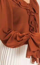 Camel Ruffle V Neck Sheer Blouse-Market Grey Boutique