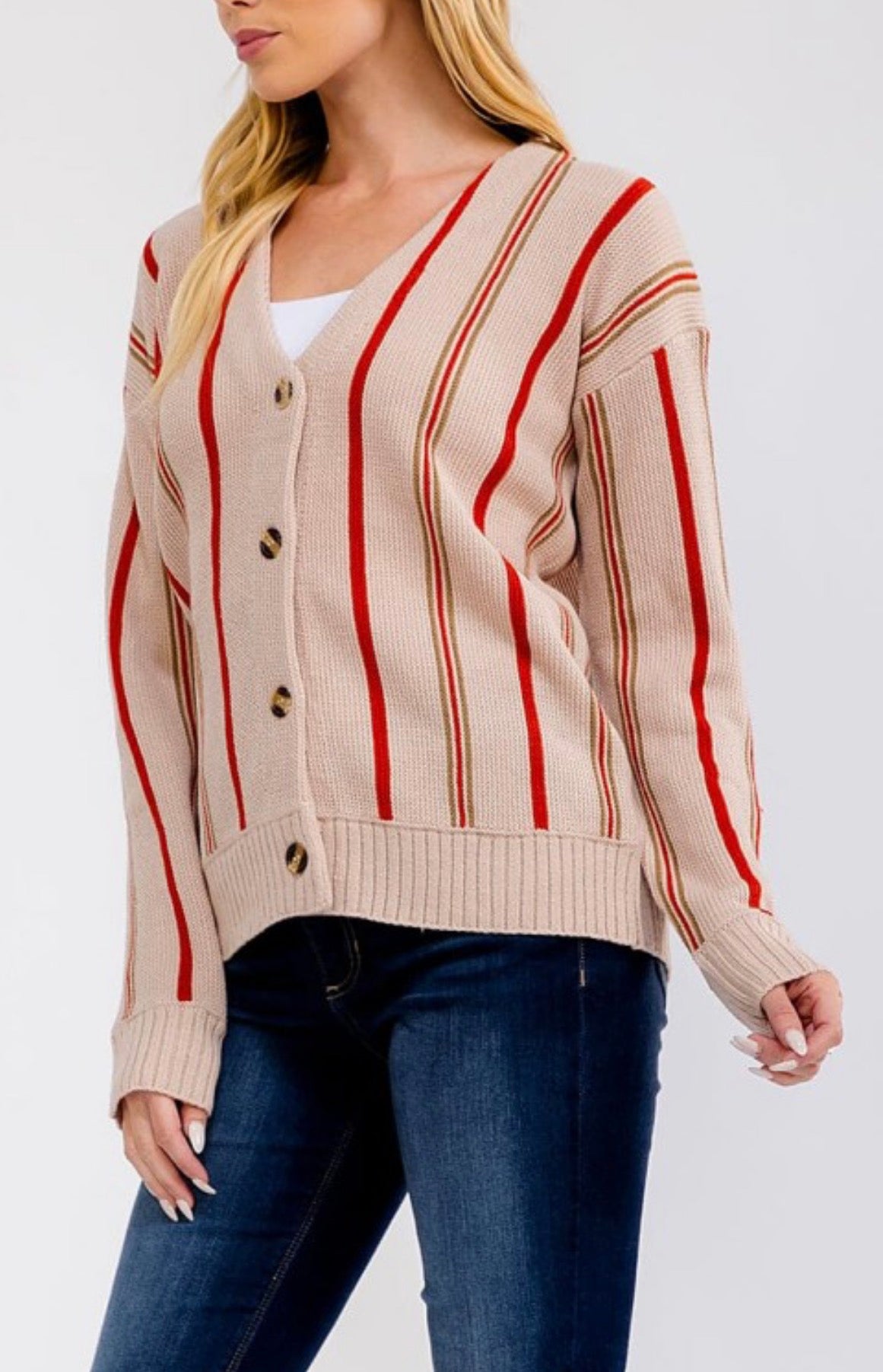 Taupe/Red Stripe Cardigan