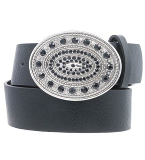 Embellished Oval Buckle Washed Strap Belt