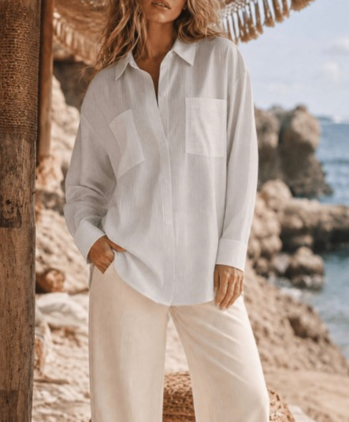 Button Up Collared Blouse-Market Grey Boutique