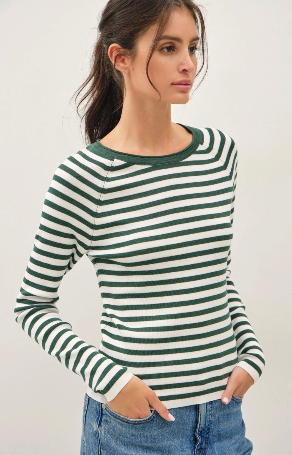 Striped Slim Fit Green/White Crew Sweater