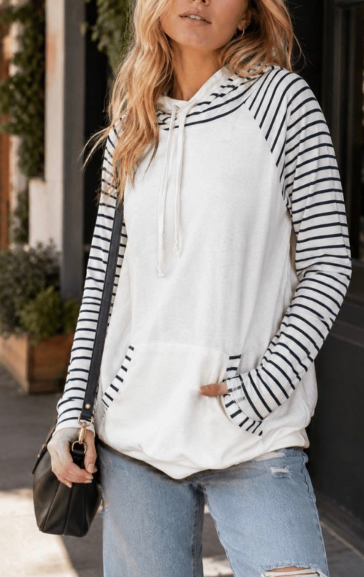 Cream Colorblock Light Weight Striped Hoodie
