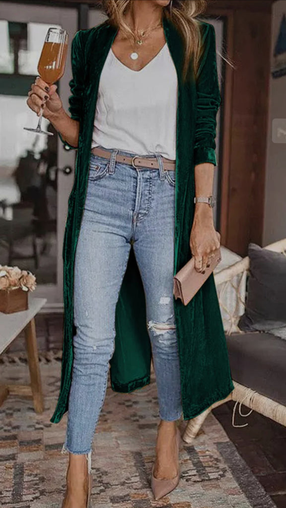 Velvet Open Front Pocketed Long Duster