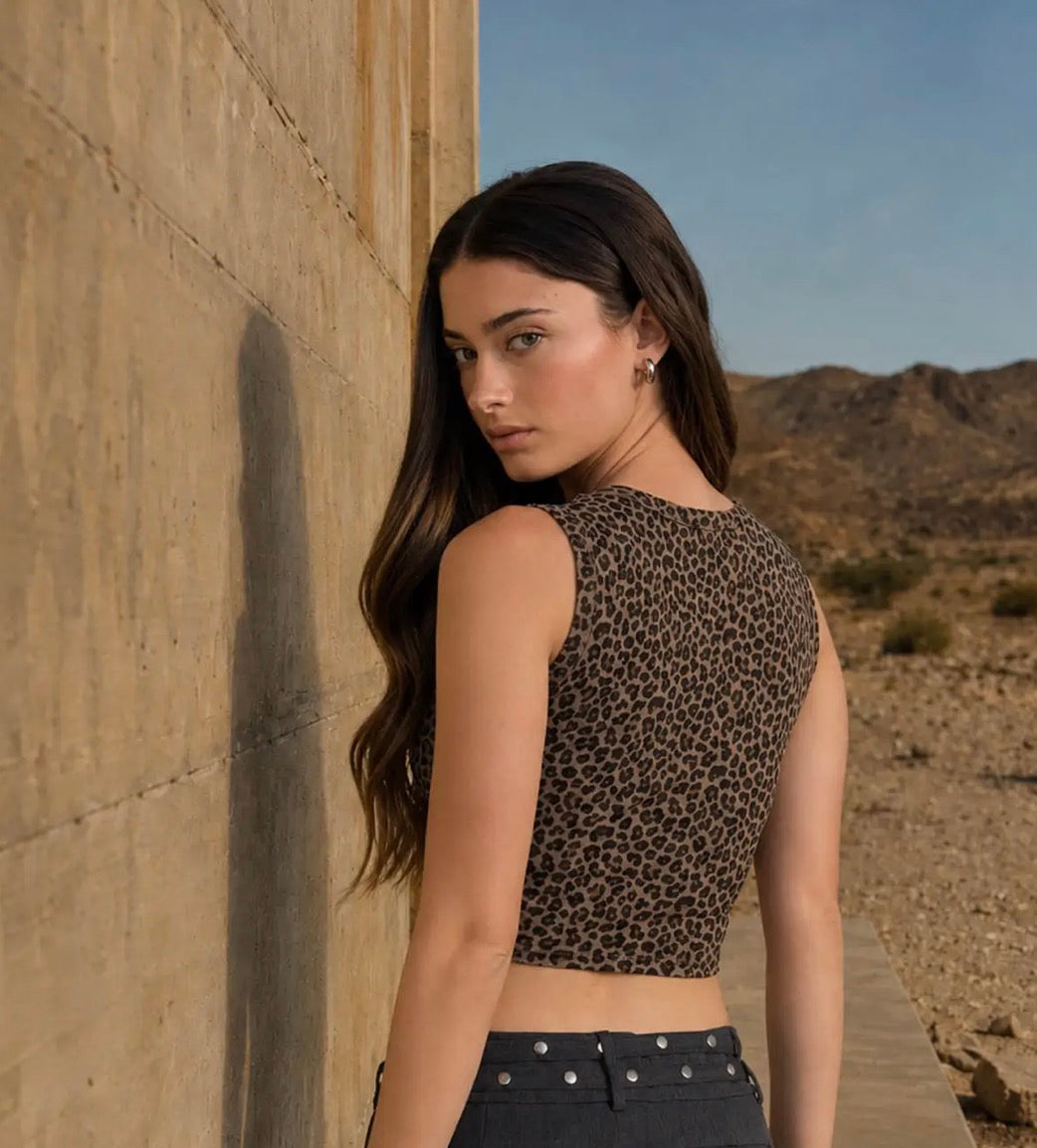 Leopard Sleeveless Cropped Knit Top-Market Grey Boutique