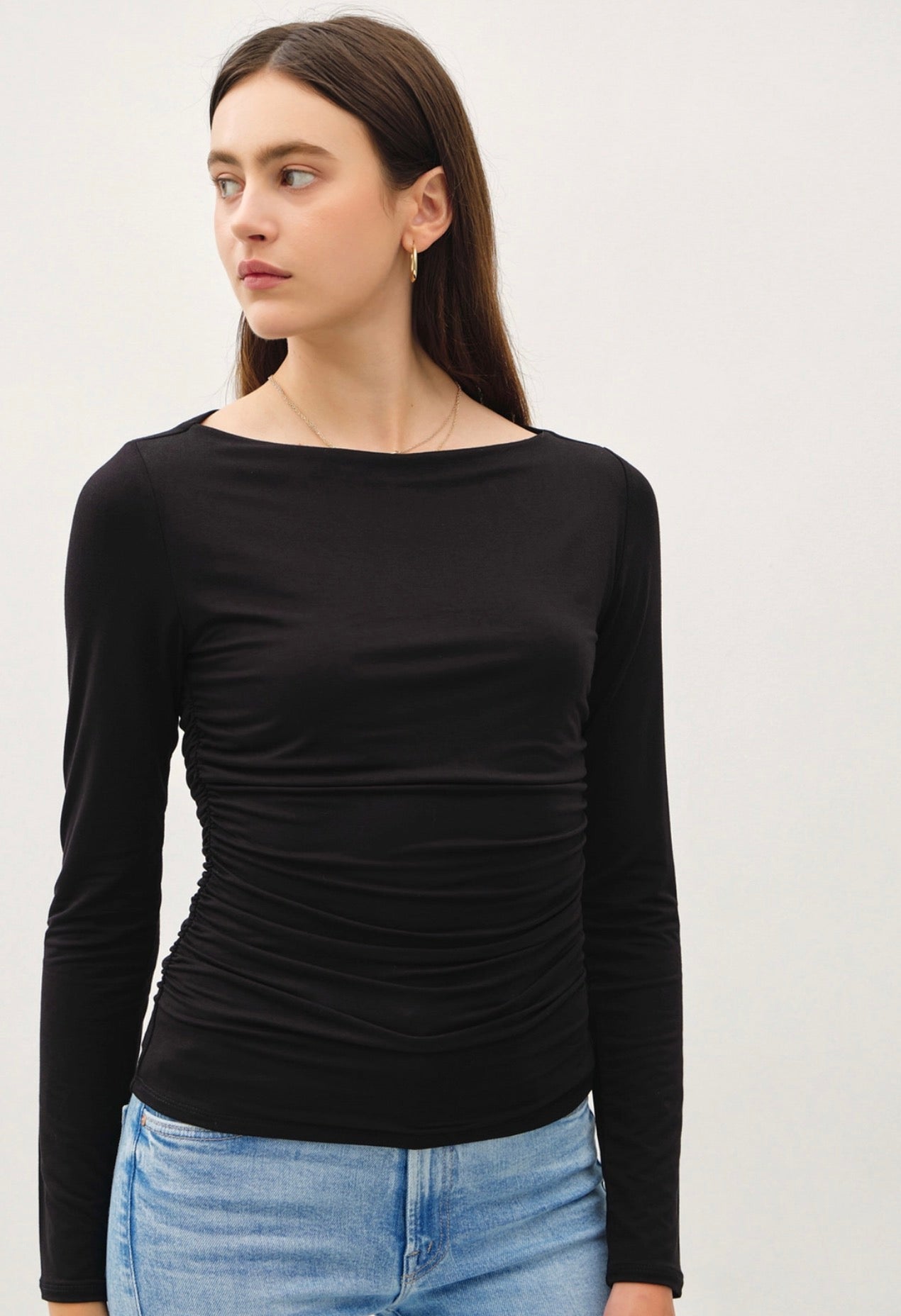 Black Ruched Boat Neck Top