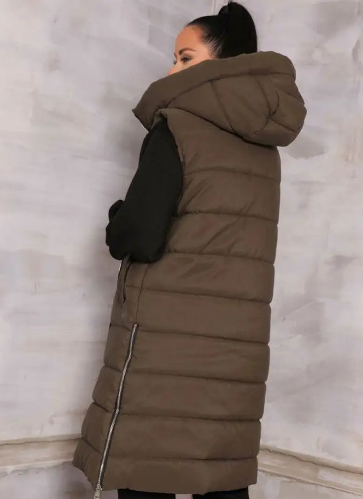 Dark Olive Side Zip Puffer Long Vest