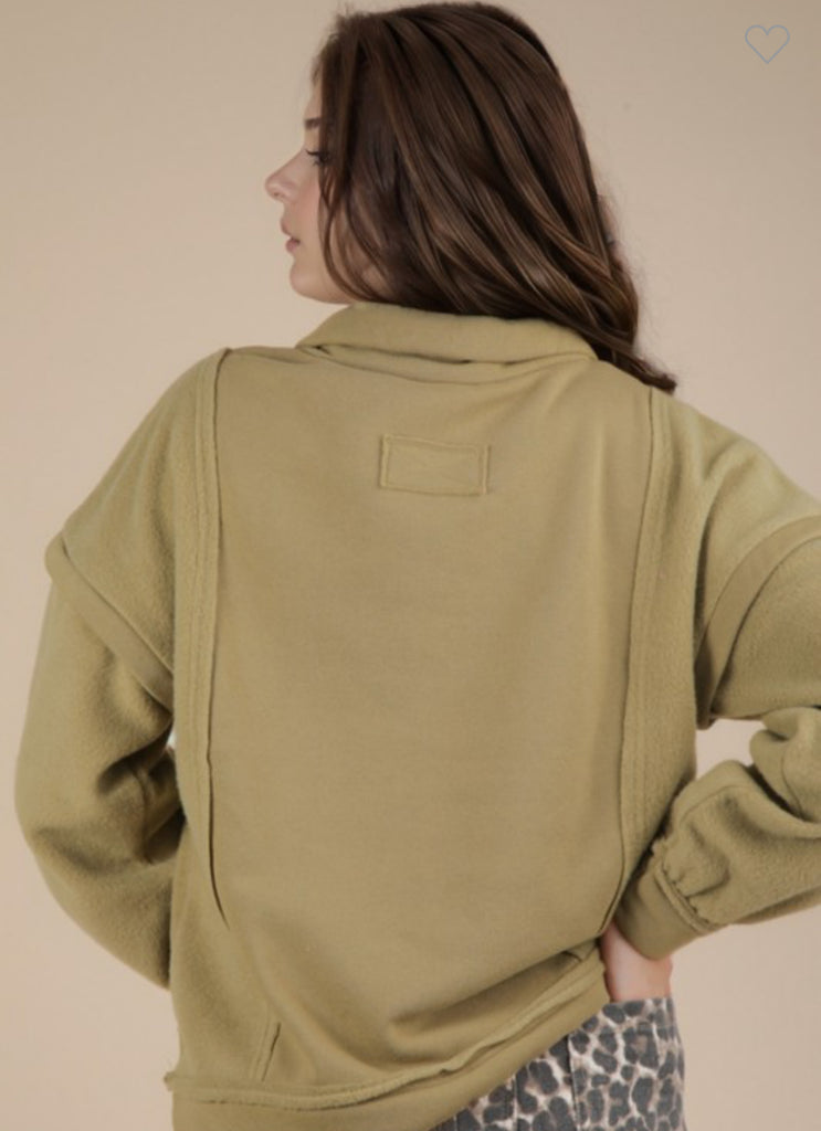 Light Olive Casual 3/4 Zip Pullover