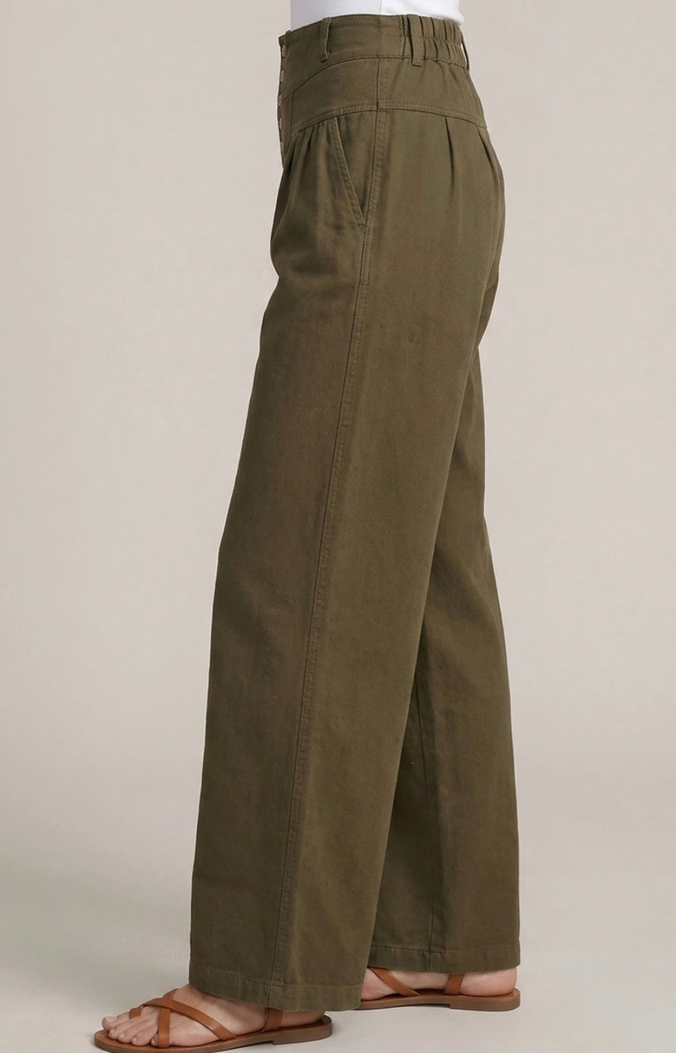 Olive Cotton Twill Wide Leg Pants
