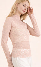 High Neck Fitted Sheer Mesh Lace Knit Top-Market Grey Boutique