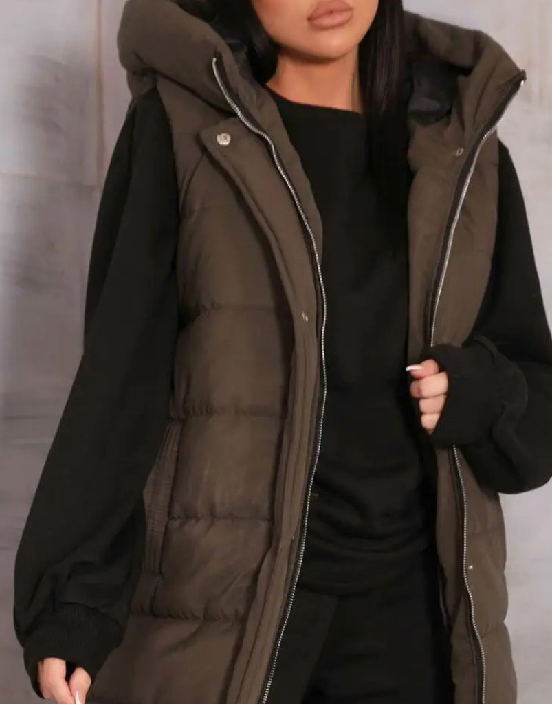 Dark Olive Side Zip Puffer Long Vest