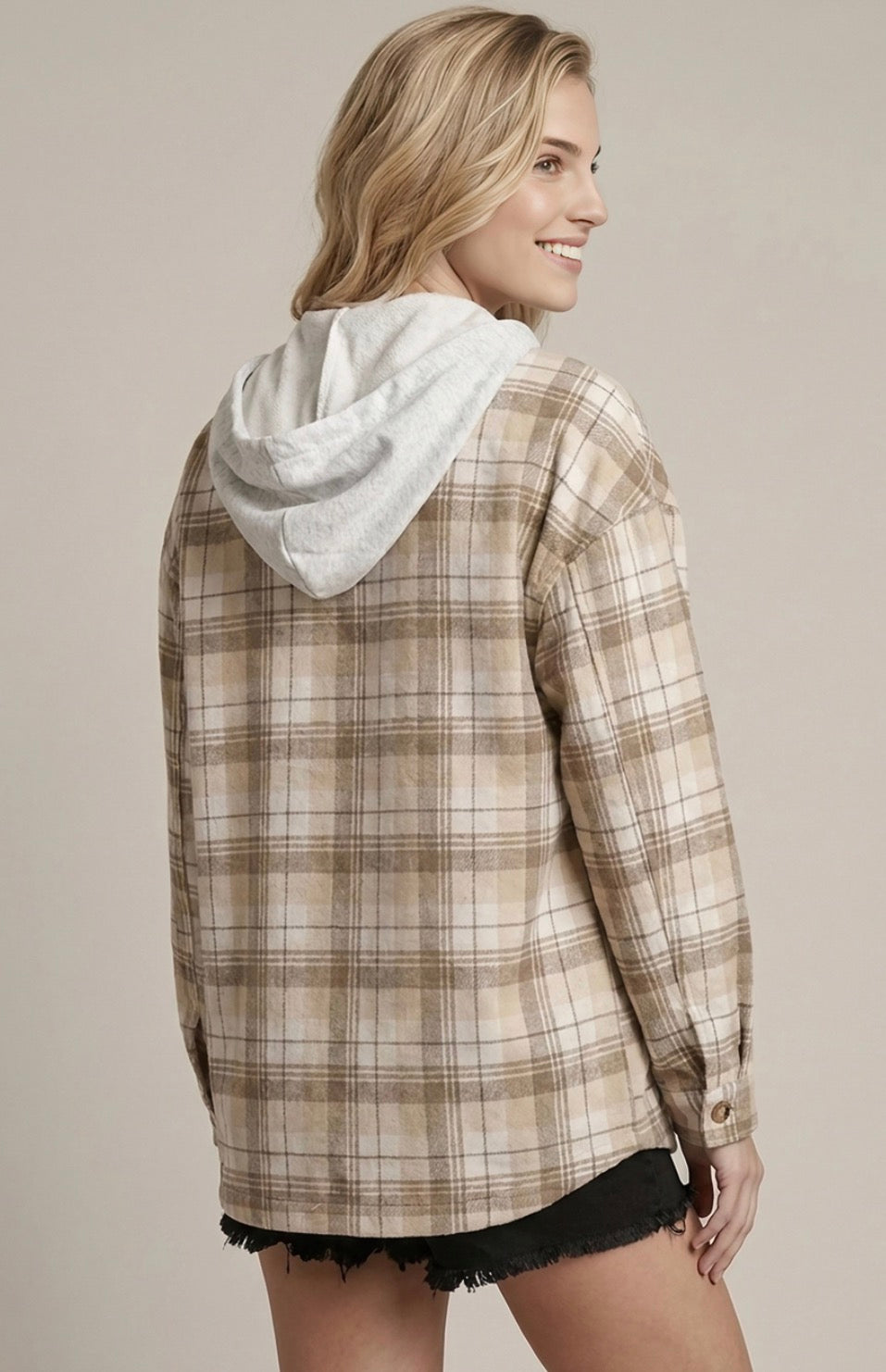 Beige Hooded Plaid Shacket