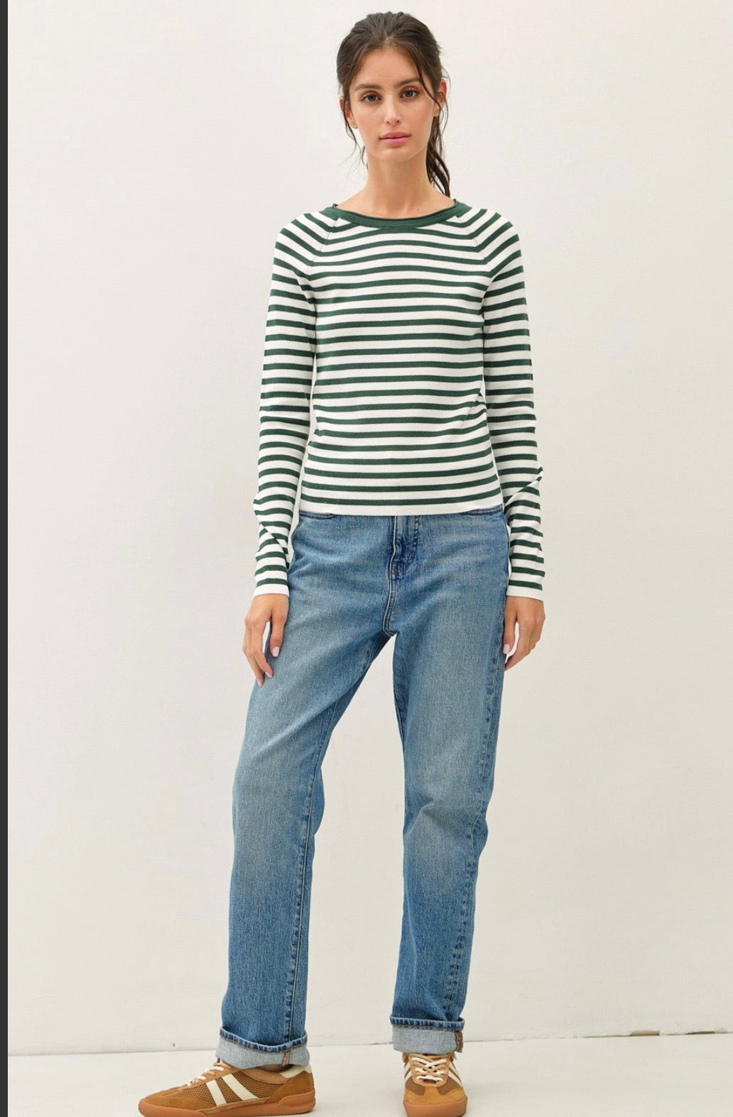Striped Slim Fit Green/White Crew Sweater