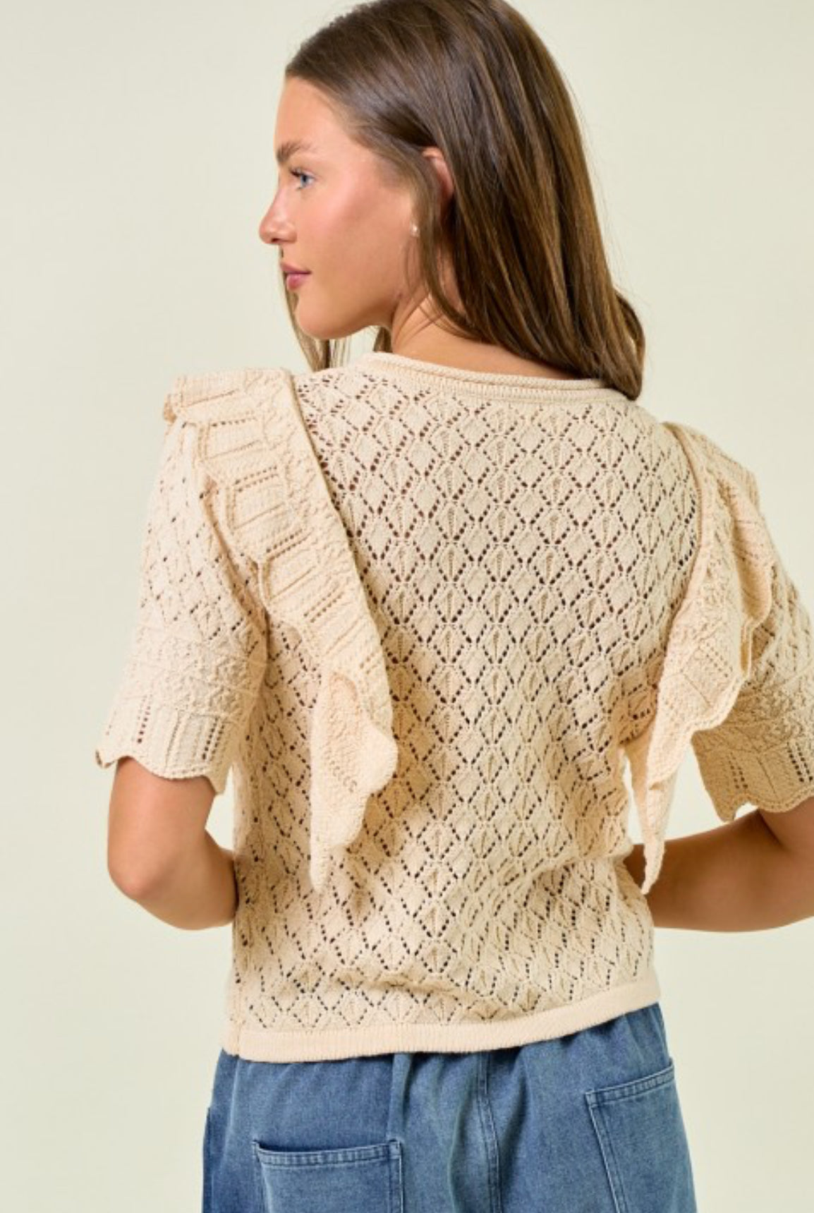 Pointelle Ruffle Short Sleeve Top