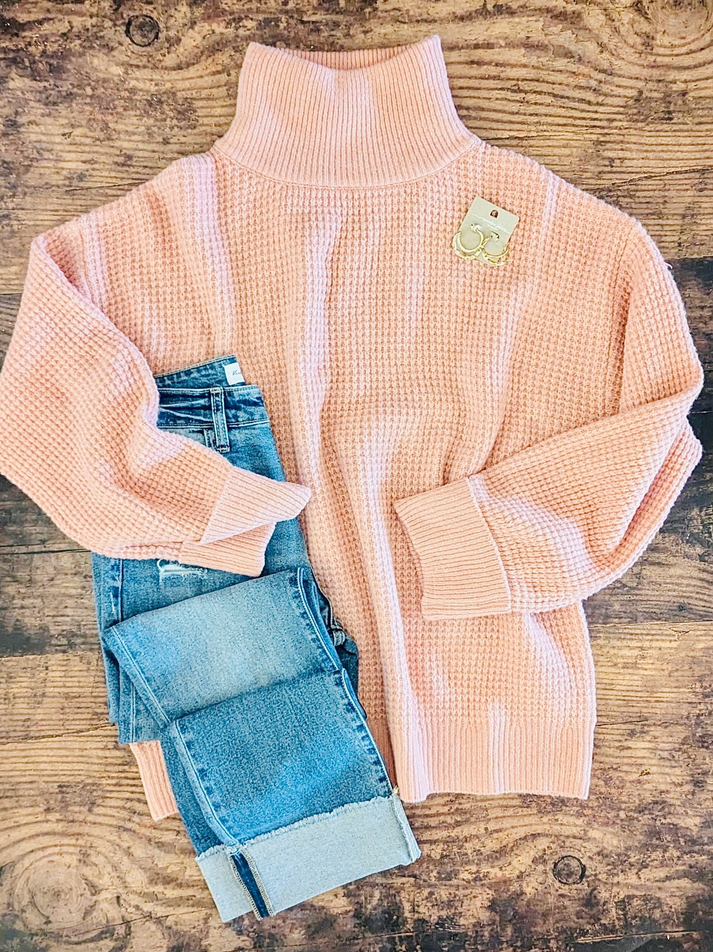 Soft Peach Western Waffle Sweater-Market Grey Boutique
