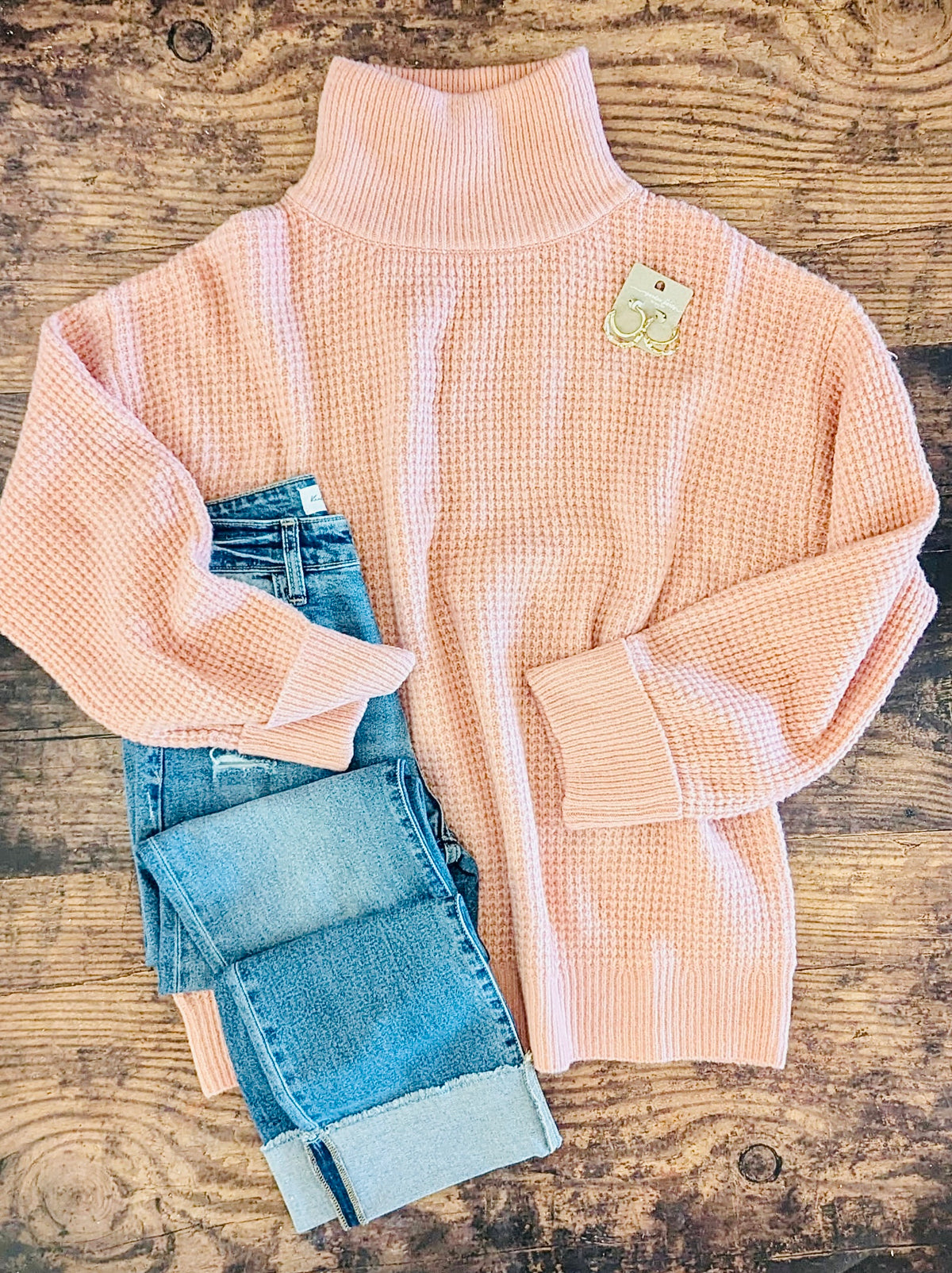 Soft Peach Western Waffle Sweater-Market Grey Boutique