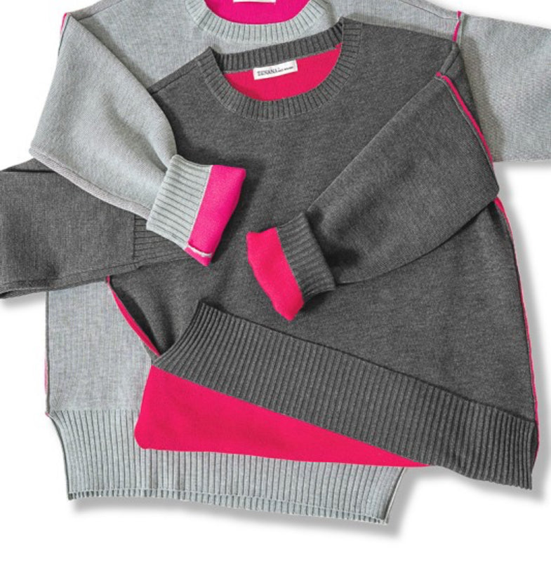 Charcoal/Hot Pink Round Neck Contrast Trim Sweater