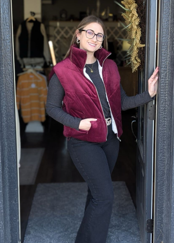 Burgundy Sherpa Lined Corduroy Vest