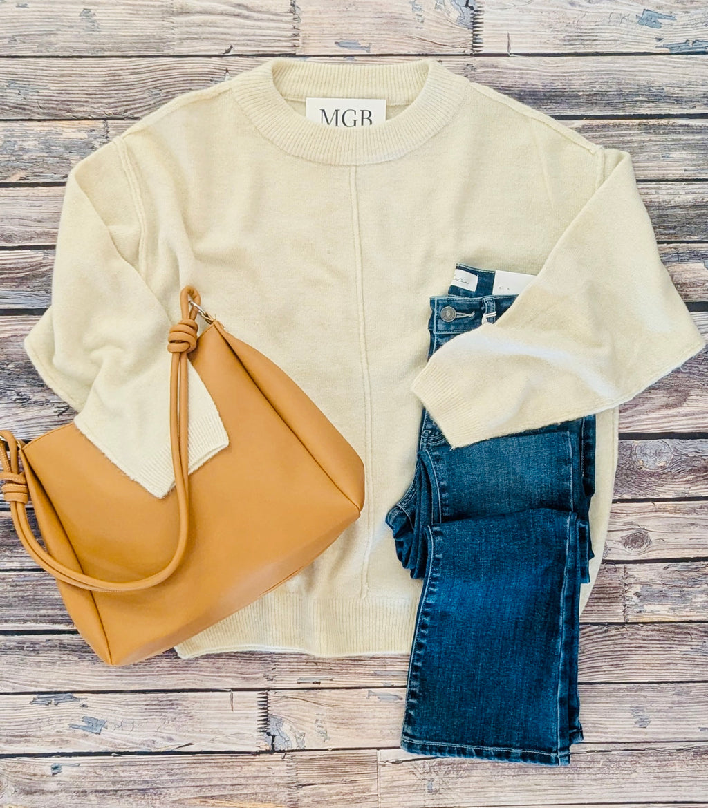 Sand Beige Front Seam Casual Sweater