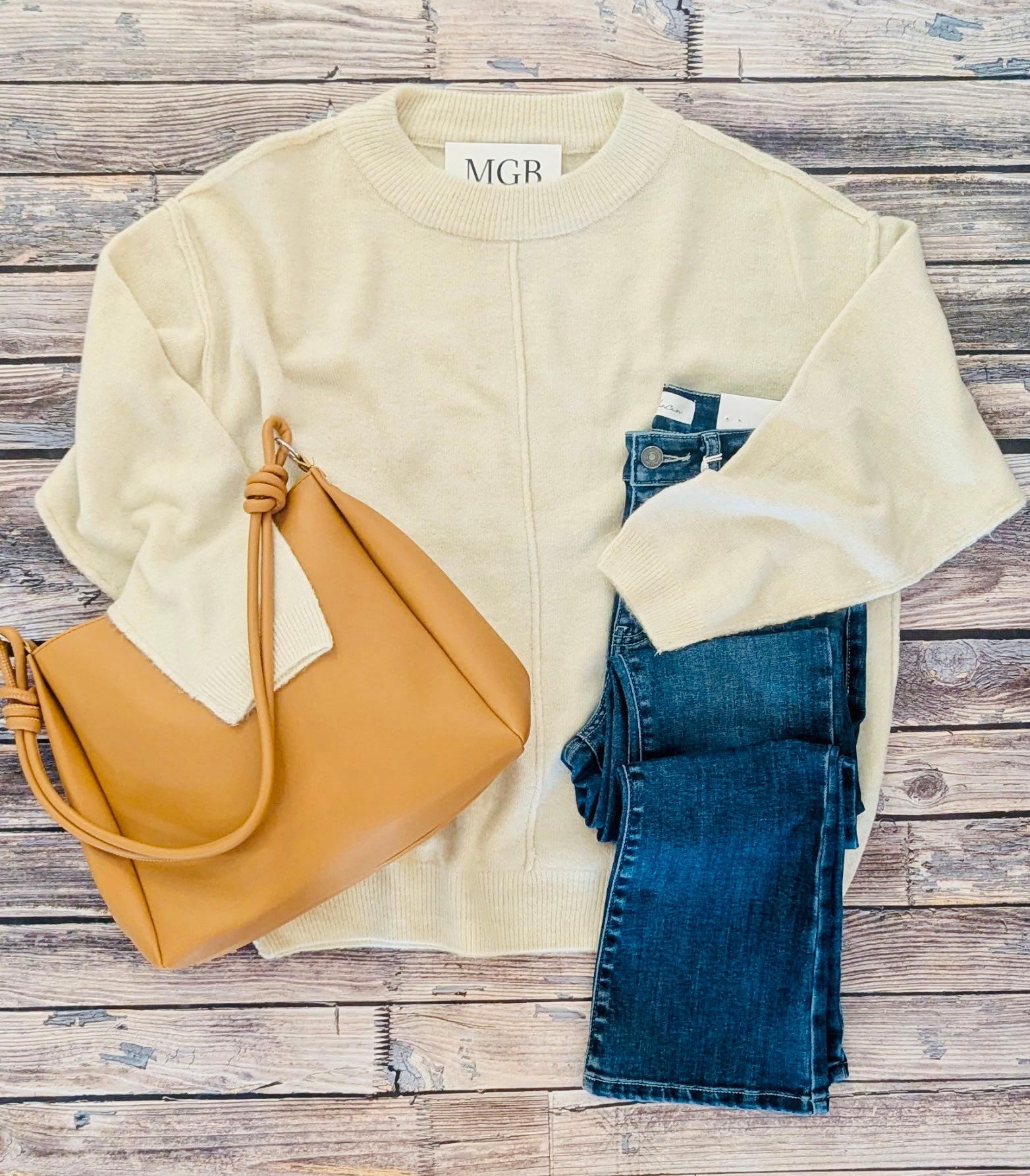 Sand Beige Front Seam Casual Sweater