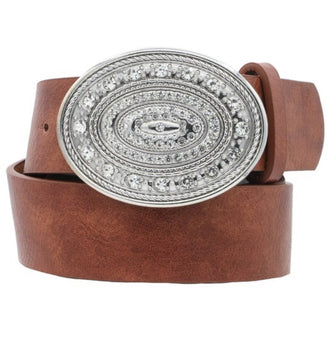 Embellished Oval Buckle Washed Strap Belt