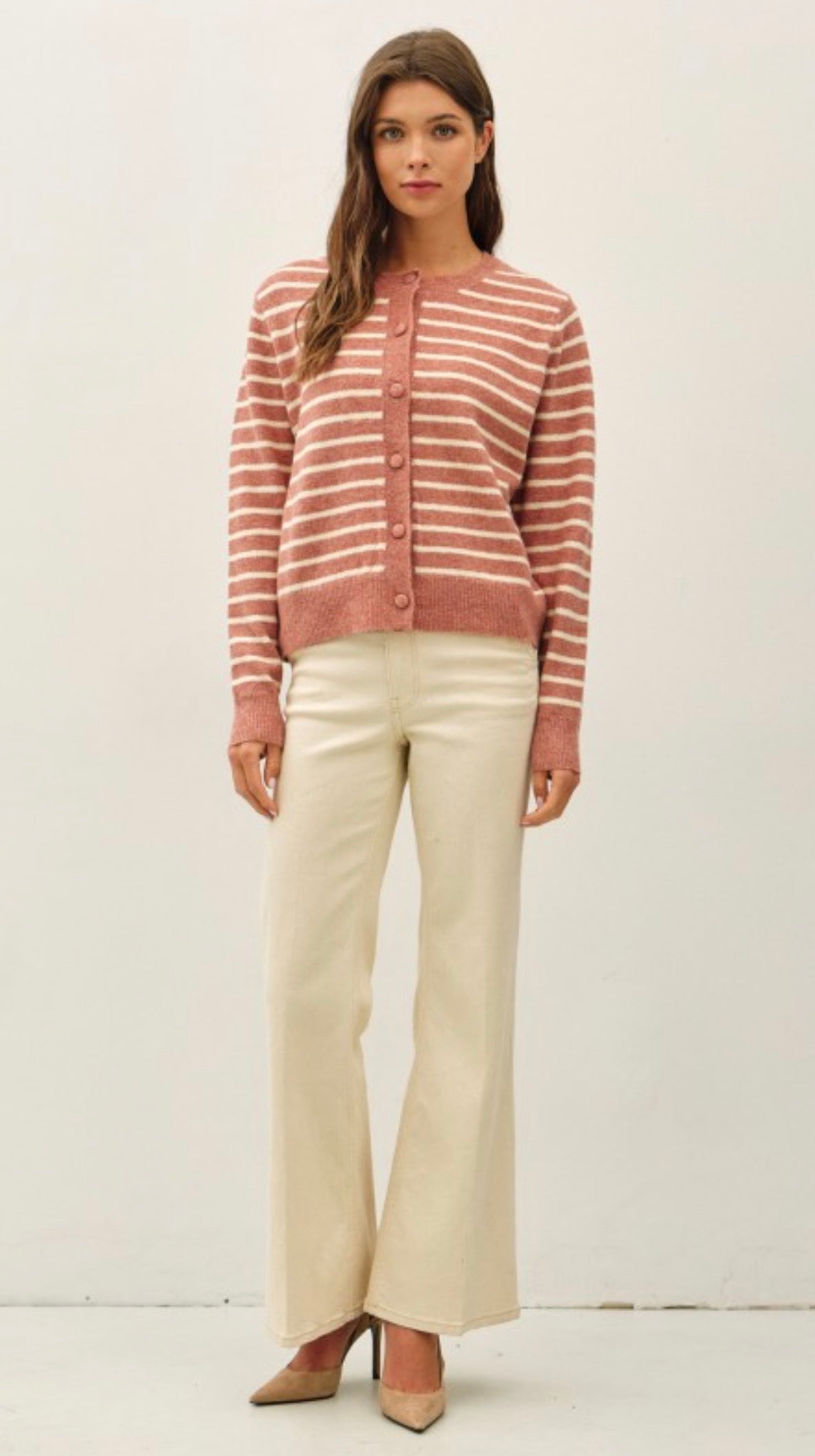 Cream/Brick Striped Button Cardigan-Market Grey Boutique