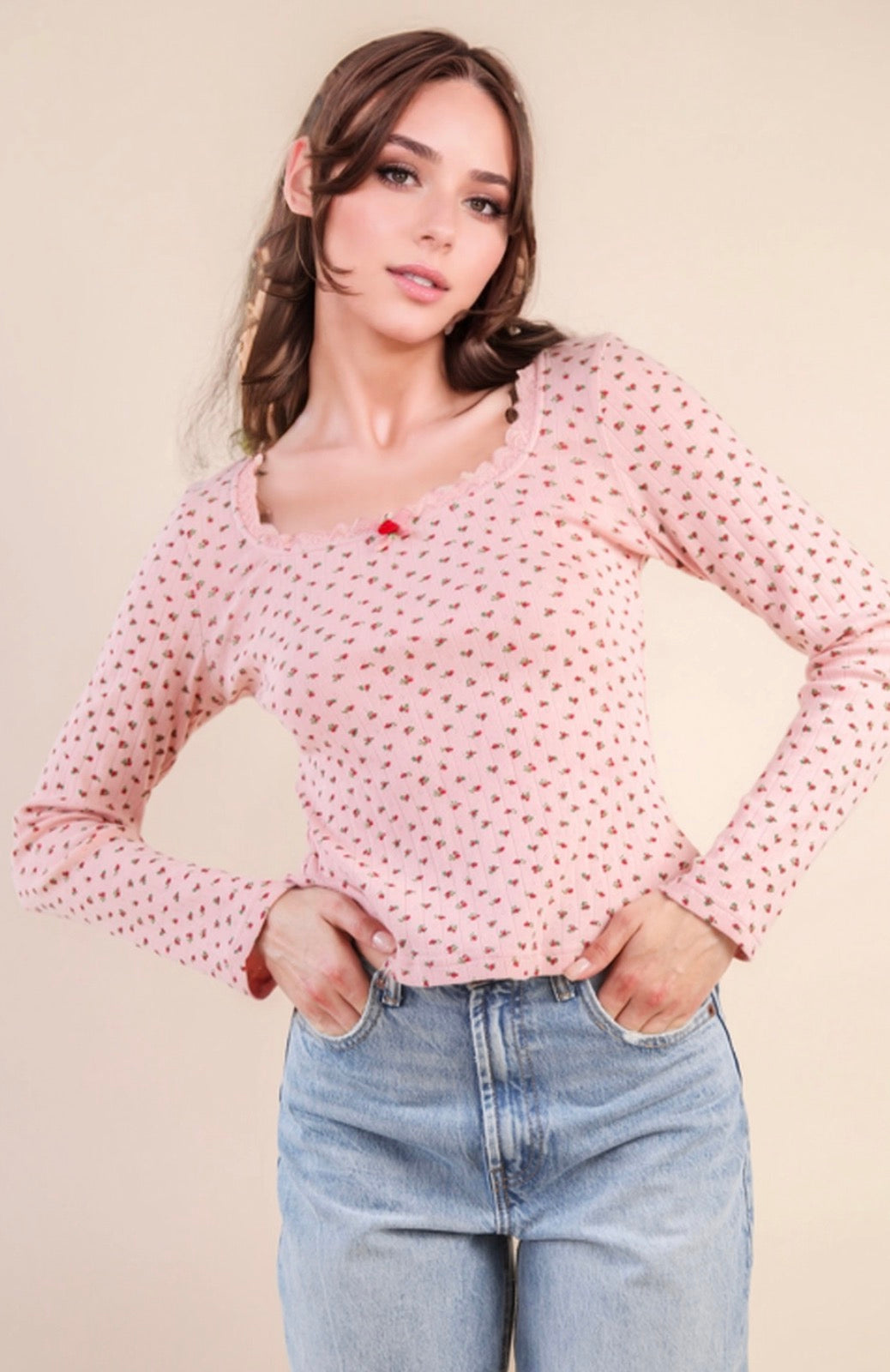 Pink Floral Print Lace Detail Top