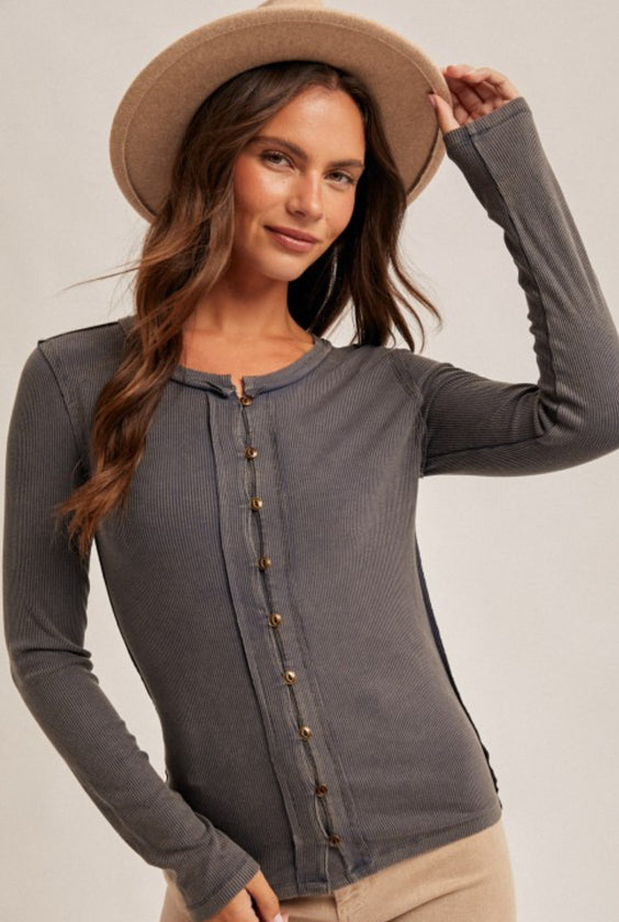 Muted Teal Snow Washed Ribbed Top