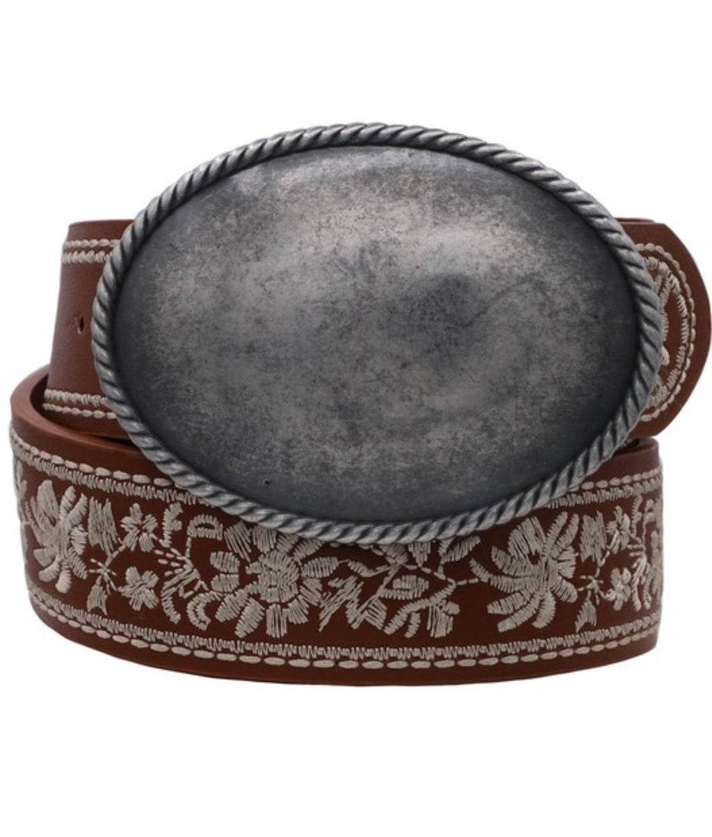 Bordered Floral Embroidered Strap Buckle Belt